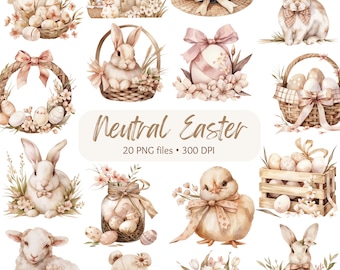 Rustic Easter Clipart -- Transparent PNG, Commercial Use Clip Art, Digital Download, Stickers, Junk Journal, Easter Bunny, Pastel, Neutral