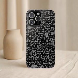 May include: Black phone case covered in white mathematical equations, formulas, and symbols. The case has a glossy finish and a camera cutout. The design includes geometric shapes, trigonometric functions, and algebraic expressions.
