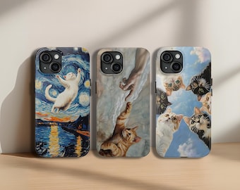 Van Gogh Cat Phone Case, Aesthetic Cute Cat Case, Kawaii Cat Cover, Tough Case, iPhone 16 Pro Max, 15,14,13,12, & Samsung S25,S24, Pixel 9