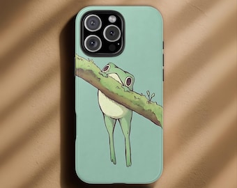 Cute Frog Phone Case, Kawaii Animal Lover Gift, Aesthetic Funny Frog Cover, Green Tough Case for iPhone 17 16 15, Samsung S25 S24 & Pixel 9