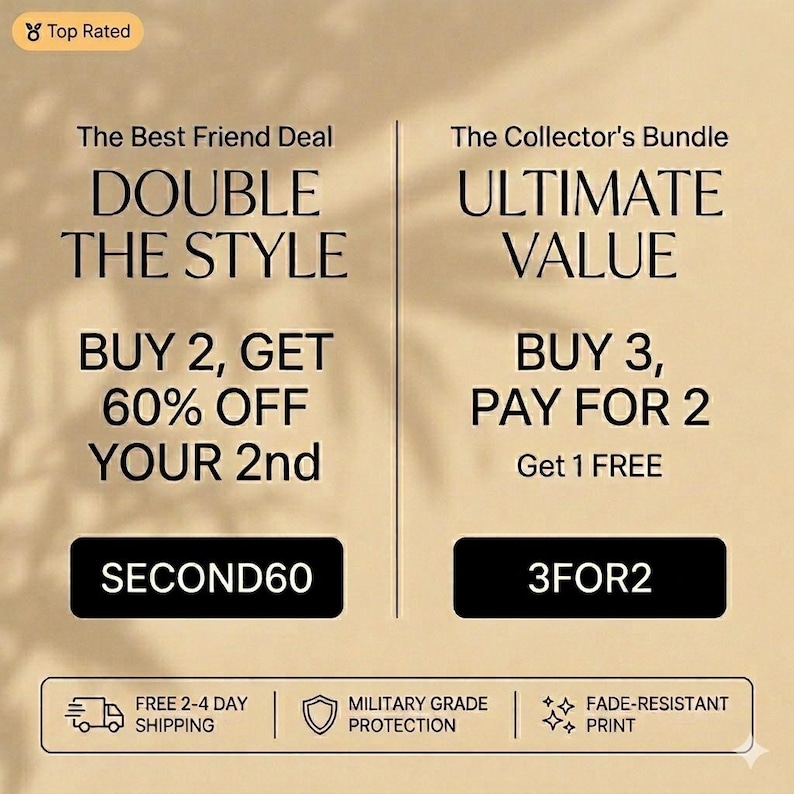 May include: A promotional graphic with text on a beige background. The text includes "DOUBLE THE STYLE" and "BUY 2, GET 60% OFF YOUR 2nd" with the code "SECOND60". Another section reads "ULTIMATE VALUE" and "BUY 3, PAY FOR 2".