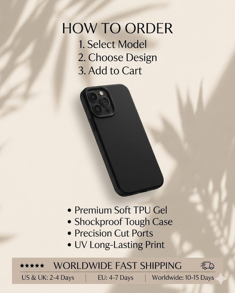 May include: A black phone case with a matte finish, featuring a camera cutout and the text "HOW TO ORDER". The steps are listed as: Select Model, Choose Design, and Add to Cart. Additional features include soft TPU gel and a shockproof design.