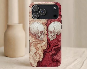 Gothic Skull Phone Case, Dark Aesthetic Art Cover, Red Beige Dual Skull Design, iPhone 17 16 15 Pro Max, Samsung S25 Ultra, Pixel 9