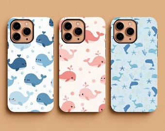 Cute Whale Phone Case, Kawaii Ocean Pattern Cover, Pastel Blue Sea Life Animal Gift, for iPhone 17 16 15 Pro Max, Samsung S26 S25, Pixel 9 8