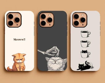 Cute Cat Phone Case, Funny Kawaii Cat Cover, Aesthetic Animal Lover Gift, Cartoon Cat Tough Case, iPhone 17 16 15, Samsung S25 S24 & Pixel 9