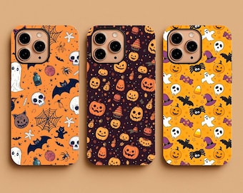 Custodia per telefono con zucca di Halloween, custodia estetica con fantasma e pipistrello spettrali, custodia resistente "Dolcetto o scherzetto" per iPhone 17, 16, 15, Samsung S25, S24, regalo Pixel 9