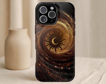 Celestial Sun Moon Phone Case, Gold Galaxy Spiral Cover, Witchy Mystical Astrology Gift, for iPhone 17 16 15 14 Pro Max Plus Samsung Galaxy