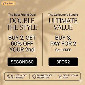May include: A promotional graphic with text on a beige background. The text includes "DOUBLE THE STYLE" and "BUY 2, GET 60% OFF YOUR 2nd" with the code "SECOND60". Another section reads "ULTIMATE VALUE" and "BUY 3, PAY FOR 2" with the code "3FOR2".
