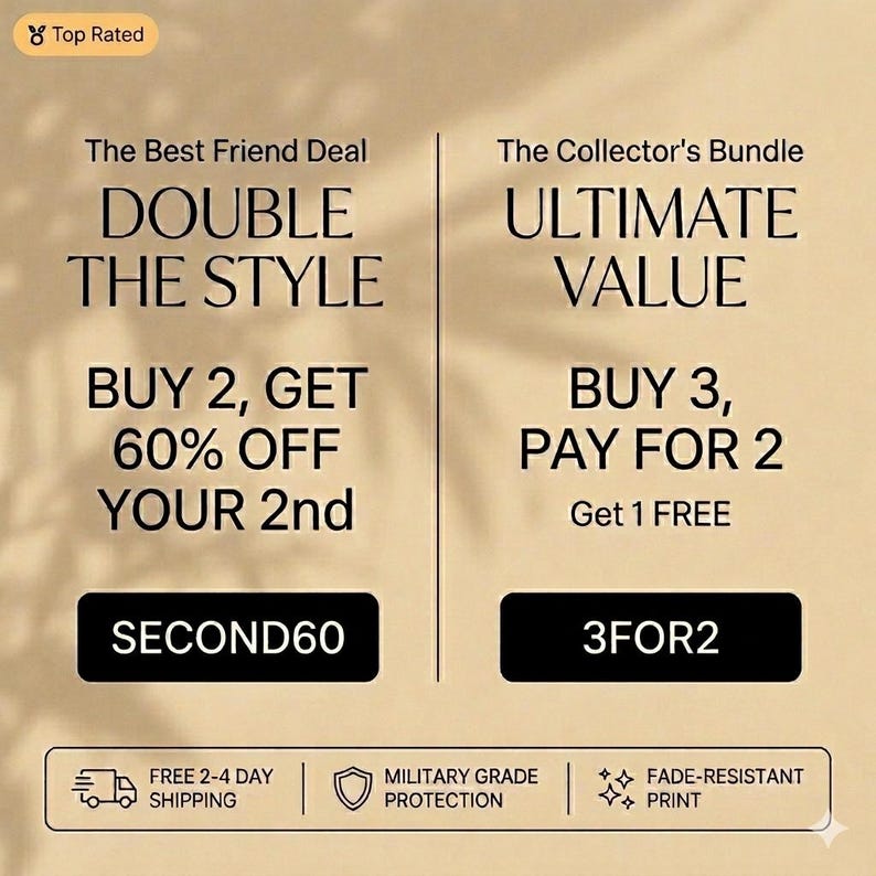 May include: A promotional graphic with text on a beige background. The text includes "DOUBLE THE STYLE" and "BUY 2, GET 60% OFF YOUR 2nd" with the code "SECOND60". Another section reads "ULTIMATE VALUE" and "BUY 3, PAY FOR 2" with the code "3FOR2".
