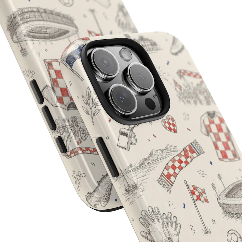 May include: A cream-colored phone case featuring a repeating pattern of Croatian-themed illustrations in black and red. The design includes a soccer jersey, stadium, flag, and a checkered scarf. The case has a black border around the camera.