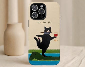 Funny Black Cat Phone Case, Take The Risk Meme Cover, Humorous Crocodile Wine Art Gift, for iPhone 17 16 15 14 Pro Max Plus Samsung Galaxy
