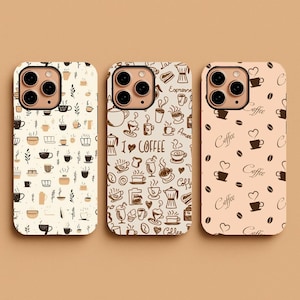 May include: Three phone cases with coffee-themed designs. The first case is off-white with brown coffee cup and leaf illustrations. The second case is beige with coffee-related drawings and the text "I ❤️ COFFEE". The third case is peach with coffee cup and bean patterns.