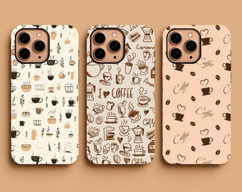 Coffee Lover Phone Case, Vintage Cafe Pattern Cover, Cute Espresso Bean Art, for iPhone 17 16 15 Pro Max, Samsung S26 S25, Google Pixel 9 8