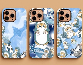 Kawaii Shark Cat iPhone Case, Cute Mofusand Phone Cover, Aesthetic Funny Cat Case, Tough Protective iPhone 17 Pro Max Case, Samsung S25 Gift