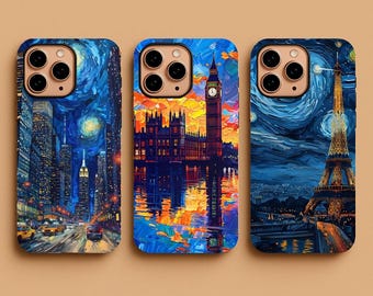 Van Gogh Art Phone Case, City Skyline Aesthetic Case, Starry Night Cover, Artistic Tough Case for iPhone 17 16 15