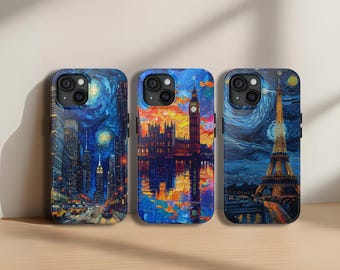 City Skyline Phone Case, Van Gogh Starry Night Style, Aesthetic Case, Tough Case, iPhone 16 Pro Max, 15,14,13,12 & Samsung S25,S24, Pixel 9