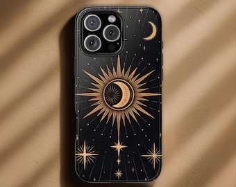 Celestial Sun and Moon Phone Case, Gold Cosmic Star Design, Zodiac Aesthetic Tough Cover for iPhone 17 16 15 14 13 Samsung S25 S24 Pixel 9 8