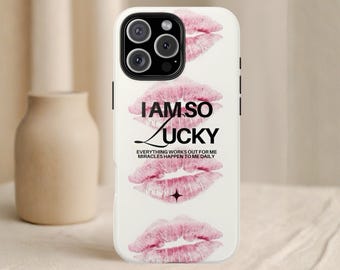Estetiskt mobilskal med lyckomotiv för iPhone 17 16 15 14, Samsung S25 S24 Ultra S23, Pixel 9 8 7 | Sött rosa läppar trendigt flickigt skal