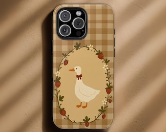 Funny Duck Phone Case, Cute Animal Lover Gift, Aesthetic Retro Tough Cover, Strawberry Wreath Duck Design for iPhone 17 16 15 & Pixel 9,8,7