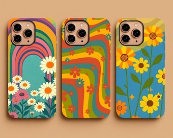 Retro 70s Floral Phone Case, Groovy Flower Power Cover, Aesthetic Daisy & Sunflower Case for iPhone 17,16,15,14,13, Samsung S25,S24, Pixel 9
