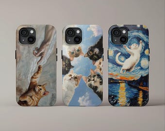 Funda de gato Van Gogh, funda estética de gato adorable, funda de gato kawaii, funda resistente para iPhone 16 Pro Max 15, 14 y 13, Samsung S25, S24 y Pixel 9