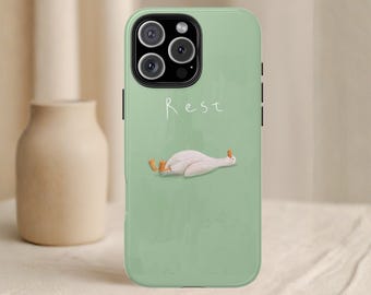 Funny Duck Phone Case, Rest Cute Tired Goose Cover, Sage Green Aesthetic Humorous Gift, for iPhone 17 16 15 14 Pro Max Plus Samsung Galaxy