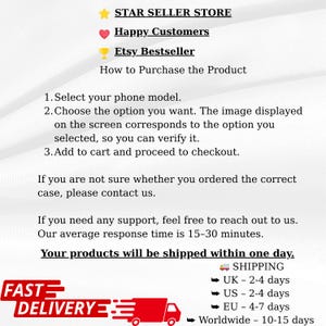 Może przedstawiać: Białe tło z tekstem, w tym "STAR SELLER STORE", "Happy Customers" i "Etsy Bestseller". Wymieniono instrukcje dotyczące zakupu produktu, wraz z informacjami o wysyłce i grafiką "FAST DELIVERY" z czerwoną ciężar&oacute;wką.