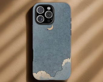 Moon Phone Case, Aesthetic Night Sky Phone Cover, Minimal Blue Cloud Case for iPhone 17,16,15,14,13,12 & Samsung S25,S24, Pixel 9, Gift Case
