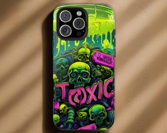 Toxic Skulls Phone Case, Neon Aesthetic Skull Cover, Retro Gothic Tough Case, Unique Art Case for iPhone 17 16 15, Samsung S25 S24 & Pixel 9
