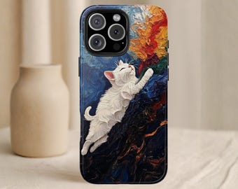 Van Gogh Cat Phone Case, Aesthetic Oil Painting Cover, Cute White Kitten Fine Art Gift, for iPhone 17 16 15 14 Pro Max Plus Samsung Galaxy