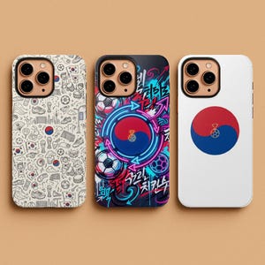 May include: Three phone cases with unique designs. One case features a white background with a pattern of soccer-related icons. The second case has a black background with a neon blue and red design. The third case is white with a red and blue circular design.