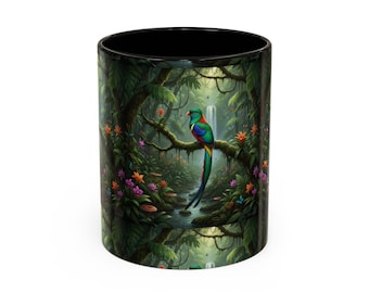 Regenboog quetzal vogelmok | Tropische junglescène, 11oz of 15oz keramiek