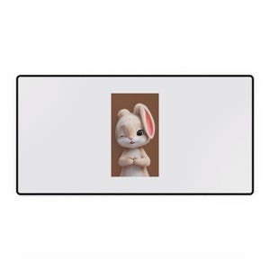 May include: A white desk mat with a black border features a cartoon bunny illustration. The bunny is beige with a pink inner ear, winking, and has its paws clasped. The background is a solid brown.