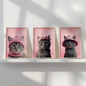 Impresiones gatos rosas arte pared guardería juego 3 gatitos carteles gatos arte gatitos láminas digitales decoración dormitorio niñas rosa
