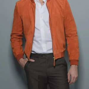 Men’s Orange Suede Bomber Jacket – Vintage Slim Fit Leather Flight Coat