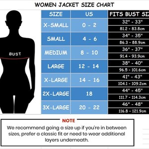 May include: A women's jacket size chart with bust measurements in inches and centimeters. The chart includes sizes from X-Small to 3X-Large, with corresponding US sizes. A silhouette indicates bust measurement location. A note suggests sizing up.