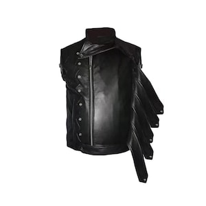 May include: Black leather vest with a high collar, asymmetrical zipper, and decorative silver buttons. The vest features a unique layered design on the right side, adding a distinctive flair to the garment. The vest is designed for a sleek, edgy look.