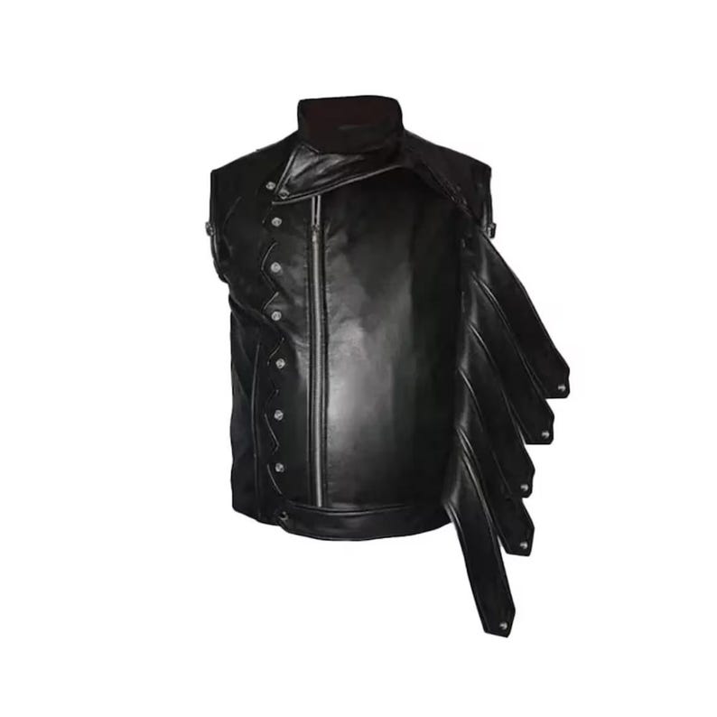 May include: Black leather vest with a high collar, asymmetrical zipper, and decorative silver buttons. The vest features a unique layered design on the right side, adding a distinctive flair to the garment. The vest is designed for a sleek, edgy look.