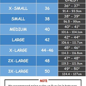 May include: Men's jacket size chart with US sizes and chest measurements in inches and centimeters. Sizes range from X-Small (36) to 3X-Large (50). Includes a note recommending sizing up for a classic fit or layering.