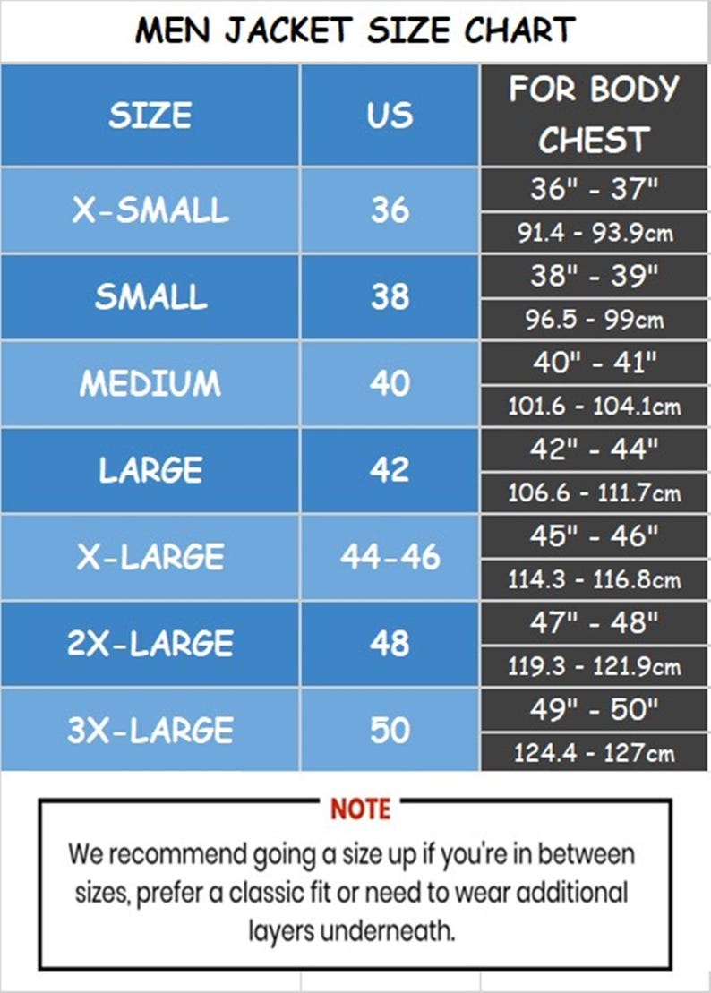May include: Men's jacket size chart with US sizes and chest measurements in inches and centimeters. Sizes range from X-Small (36) to 3X-Large (50). Includes a note recommending sizing up for a classic fit or layering.