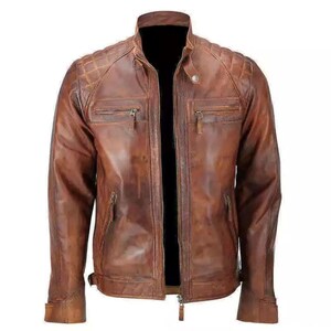 Men's Distressed Brown Leather Biker Jacket – Vintage Cafe Racer Moto Style – Quilted Retro Motorcycle Outerwear