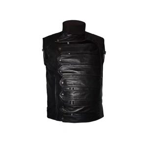May include: A black leather vest with a high collar and a series of horizontal, buttoned panels down the front. The vest has a tailored fit and a sleek, modern design. The vest is sleeveless and appears to be made of high-quality leather.