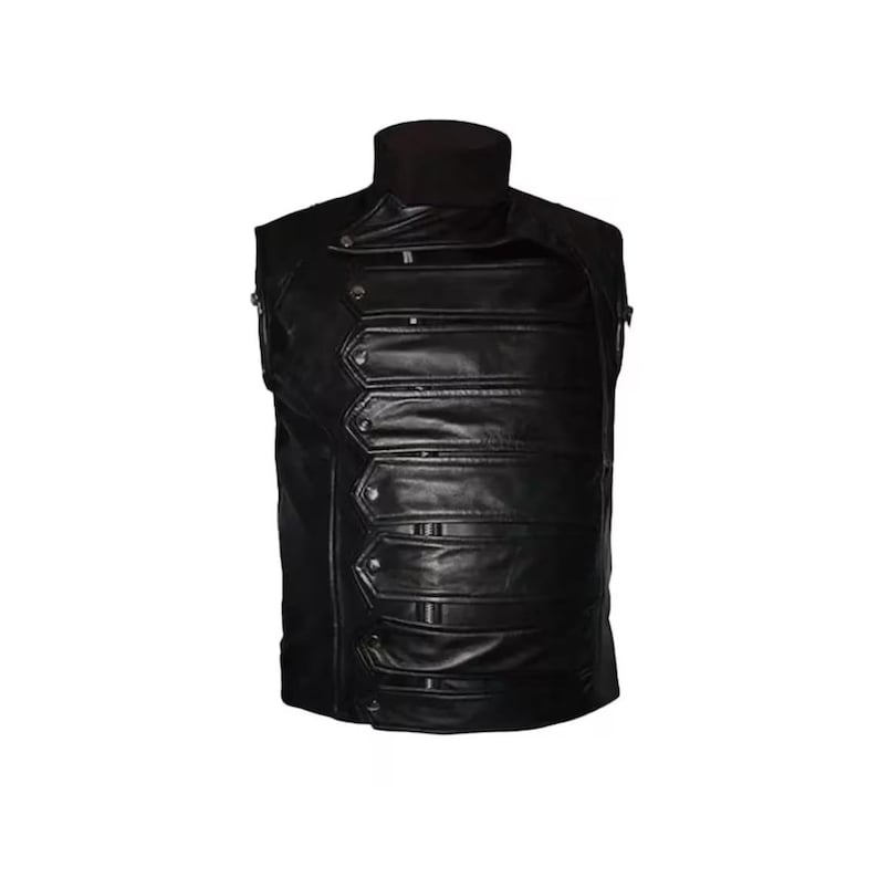 May include: A black leather vest with a high collar and a series of horizontal, buttoned panels down the front. The vest has a tailored fit and a sleek, modern design. The vest is sleeveless and appears to be made of high-quality leather.