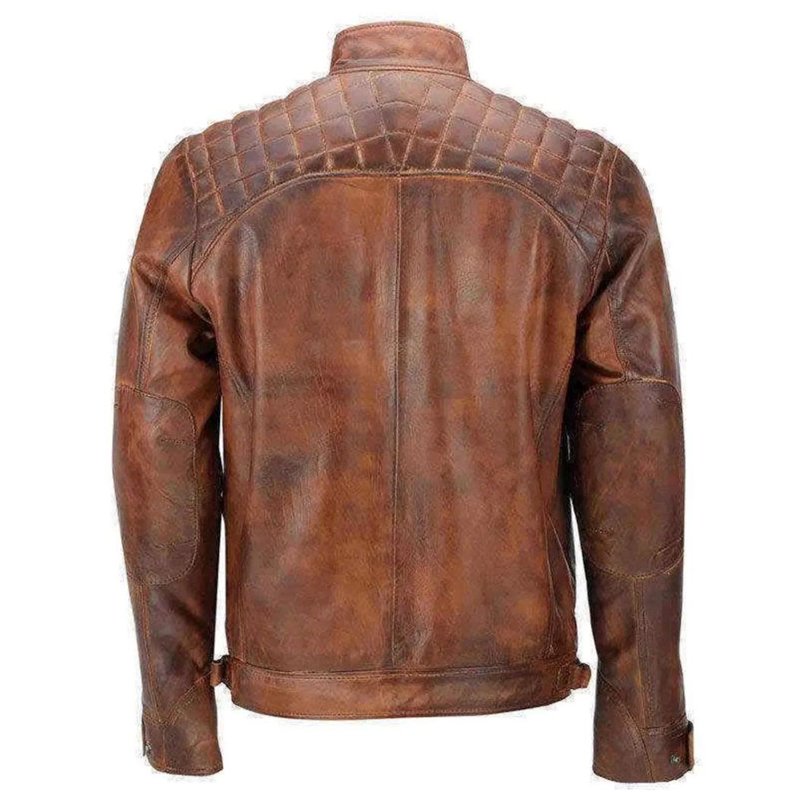 Distressed Brown Striped Biker Leather Jacket