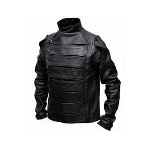 May include: Black leather jacket with a high collar and multiple horizontal panels across the chest. The jacket features button details and shoulder accents, with long sleeves and a fitted silhouette. The design has a futuristic, military-inspired aesthetic.