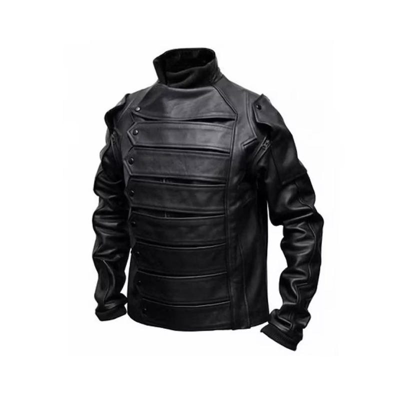 May include: Black leather jacket with a high collar and multiple horizontal panels across the chest. The jacket features button details and shoulder accents, with long sleeves and a fitted silhouette. The design has a futuristic, military-inspired aesthetic.