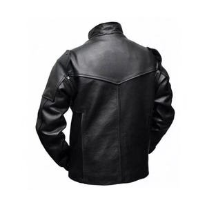 May include: Black leather jacket with a stand-up collar and shoulder accents. The back view shows a tailored fit with a V-shaped yoke and vertical seams. The jacket has a classic, biker-inspired design.