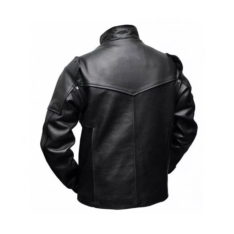 May include: Black leather jacket with a stand-up collar and shoulder accents. The back view shows a tailored fit with a V-shaped yoke and vertical seams. The jacket has a classic, biker-inspired design.