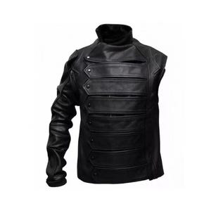 May include: Black leather jacket with a high collar and multiple horizontal panels across the chest. The jacket features a single long sleeve and decorative buttons. The design is a unique blend of classic and modern styles.