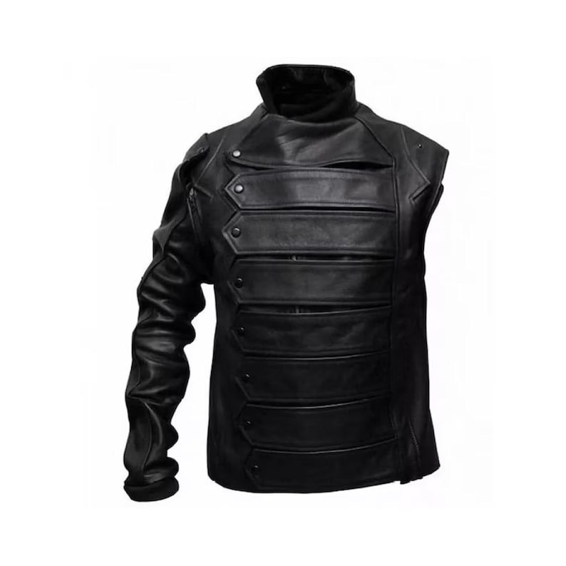 May include: Black leather jacket with a high collar and multiple horizontal panels across the chest. The jacket features a single long sleeve and decorative buttons. The design is a unique blend of classic and modern styles.